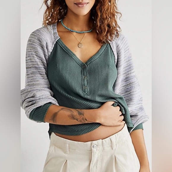 NEW free people Top sweet confession henley dried pine combo Medium - Picture 1 of 7
